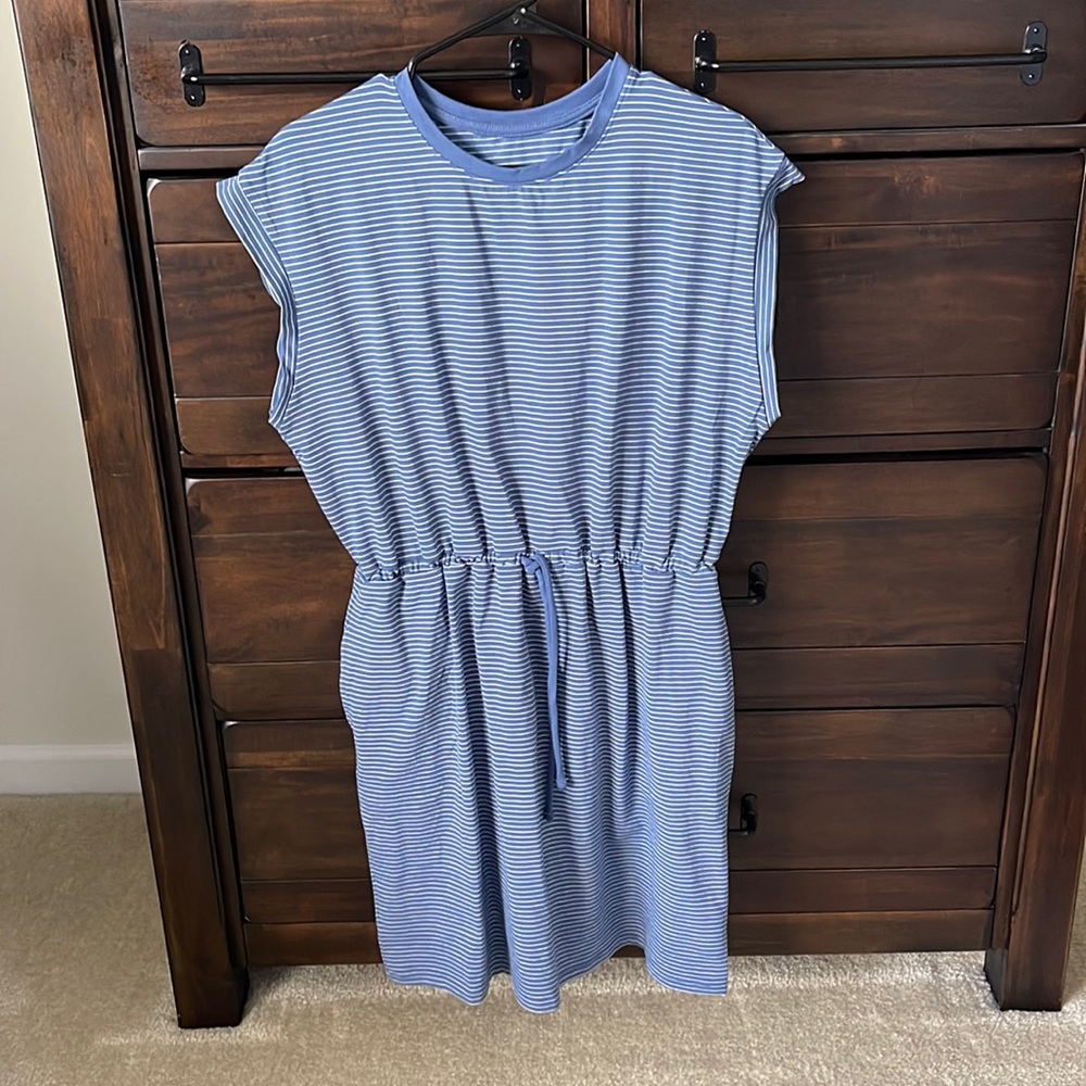 Blue and white striped dress